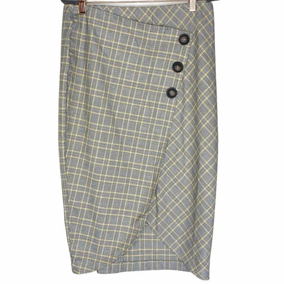 ASOS Curve Plaid Midi Skirt 12 Gray Yellow Wrap Button Check Tailored Work - Picture 3 of 7
